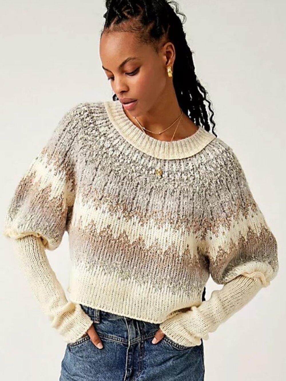 Free People Home For The Holidays Balloon Sleeve Textured Knit Sweater Size M